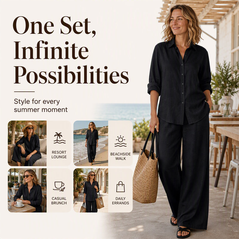 Women's Casual Shirt & Wide-Leg Pants Set