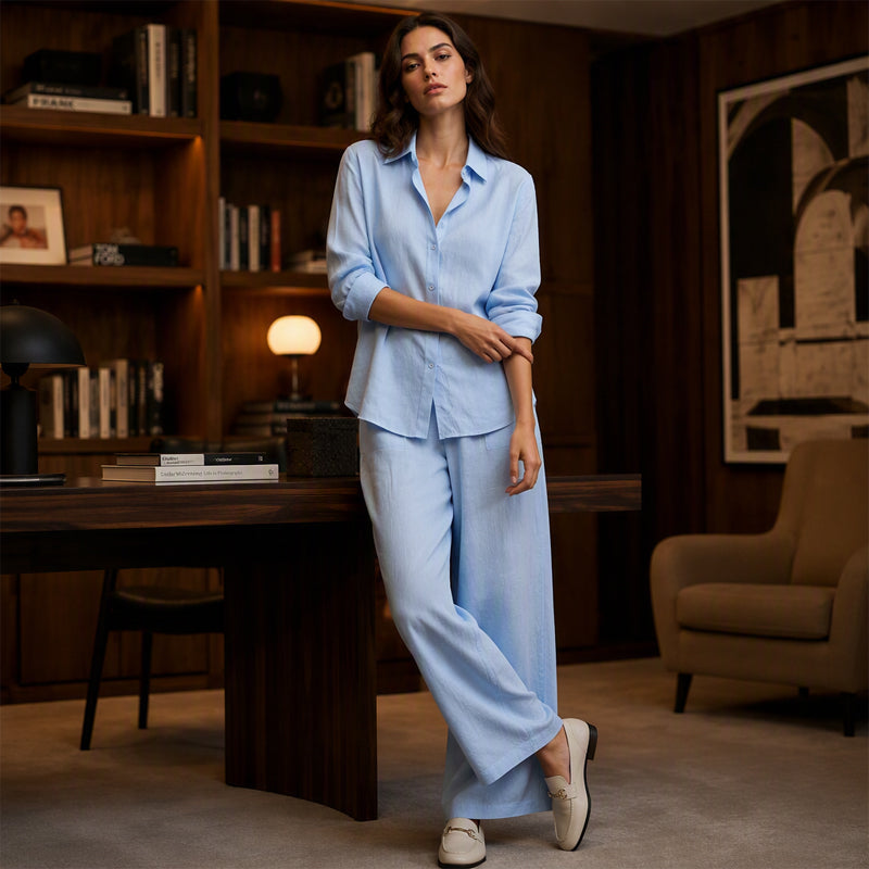 Women's Casual Shirt & Wide-Leg Pants Set