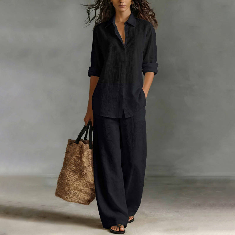 Women's Casual Shirt & Wide-Leg Pants Set