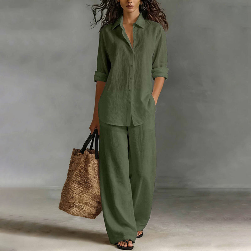 Women's Casual Shirt & Wide-Leg Pants Set