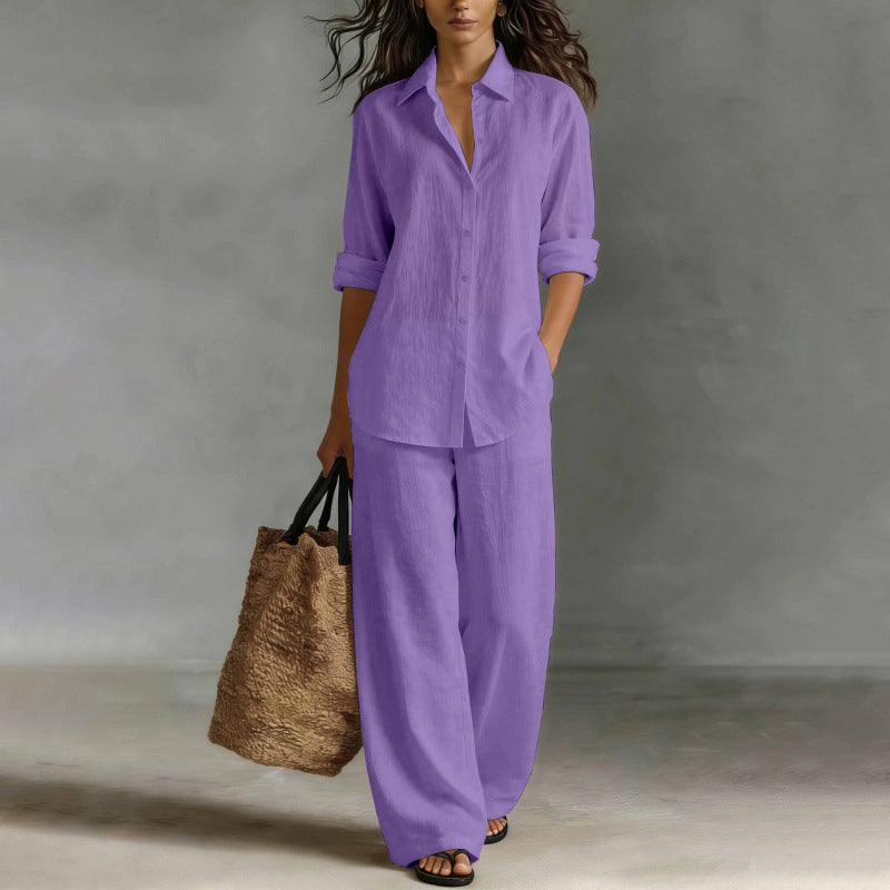 Women's Casual Shirt & Wide-Leg Pants Set