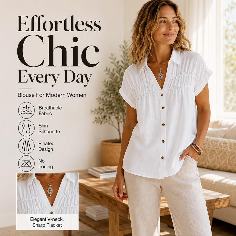 Women's Elegant V-Neck Pleated Short Sleeve Shirt