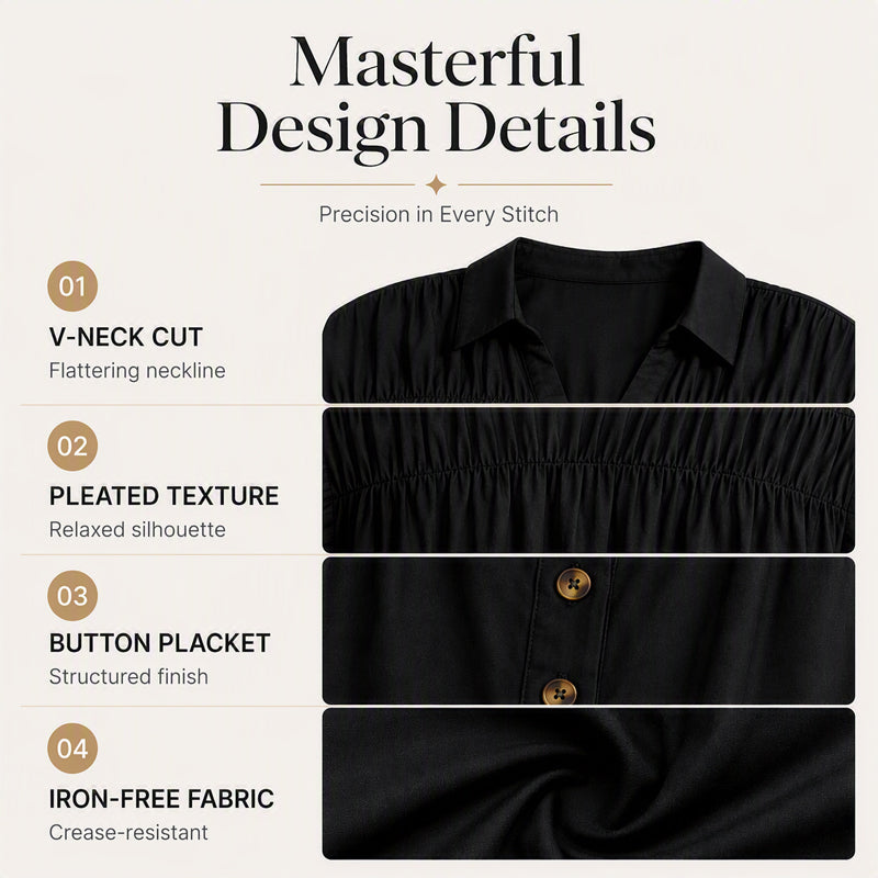 Women's Elegant V-Neck Pleated Short Sleeve Shirt