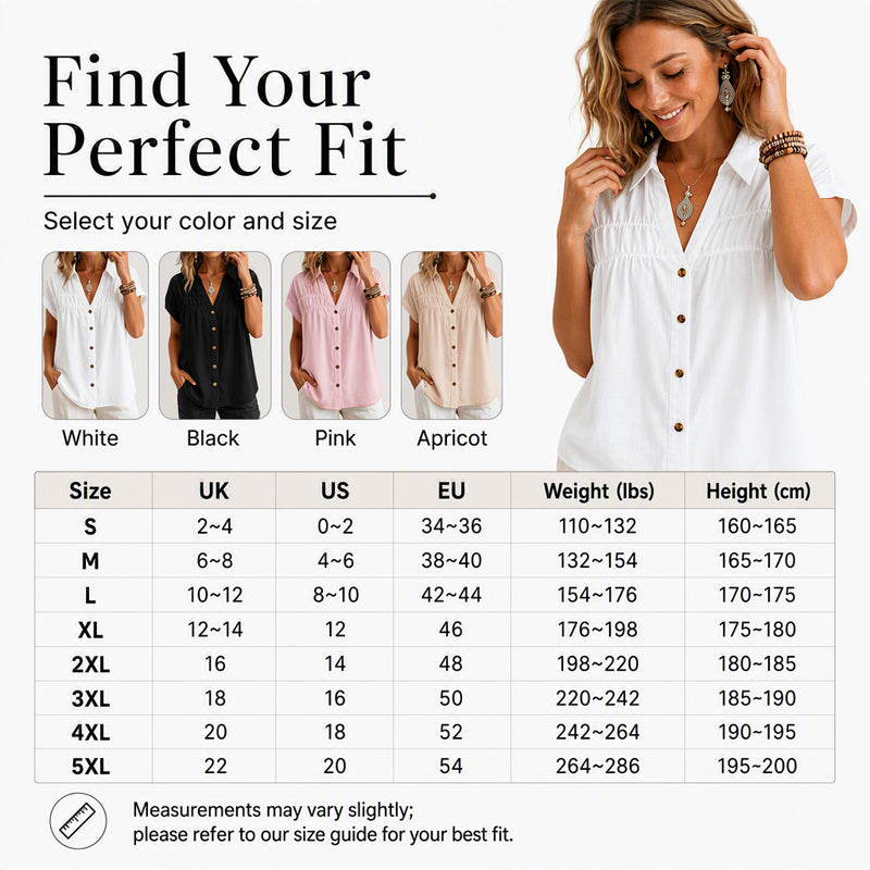 Women's Elegant V-Neck Pleated Short Sleeve Shirt