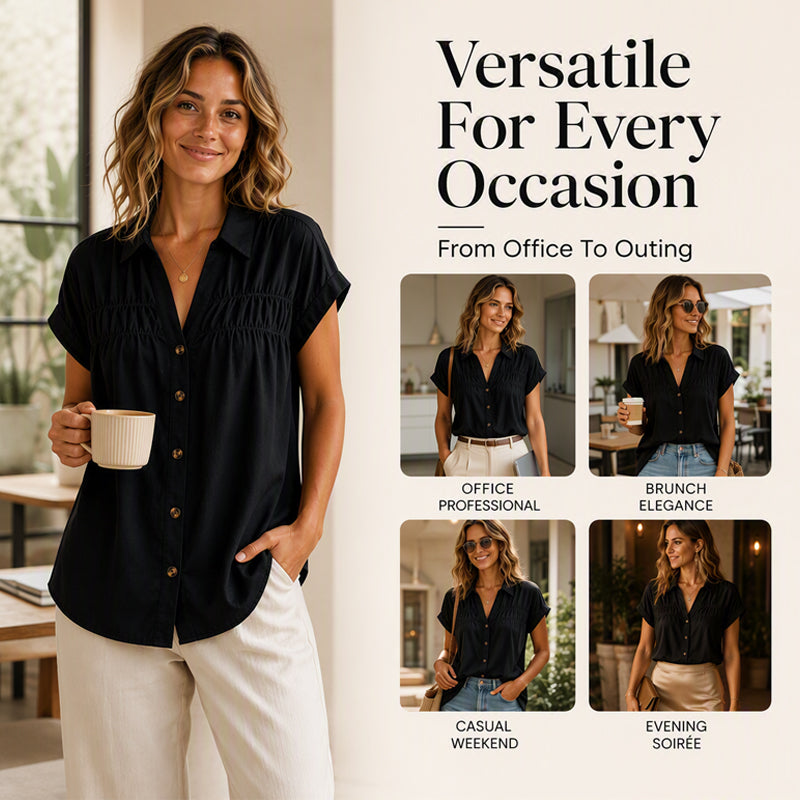 Women's Elegant V-Neck Pleated Short Sleeve Shirt