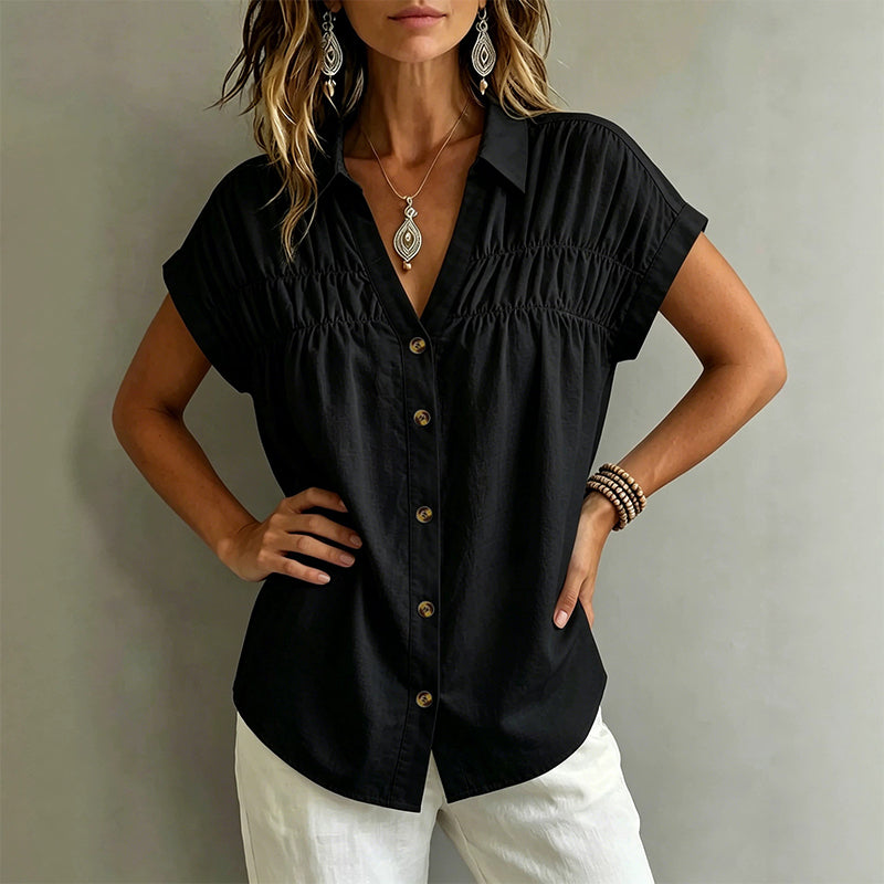 Women's Elegant V-Neck Pleated Short Sleeve Shirt