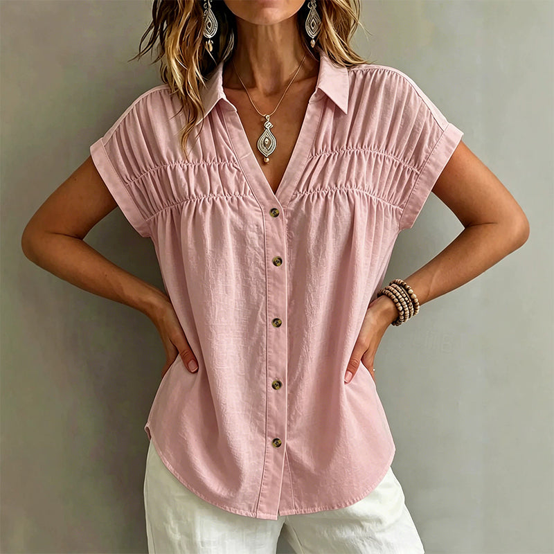 Women's Elegant V-Neck Pleated Short Sleeve Shirt