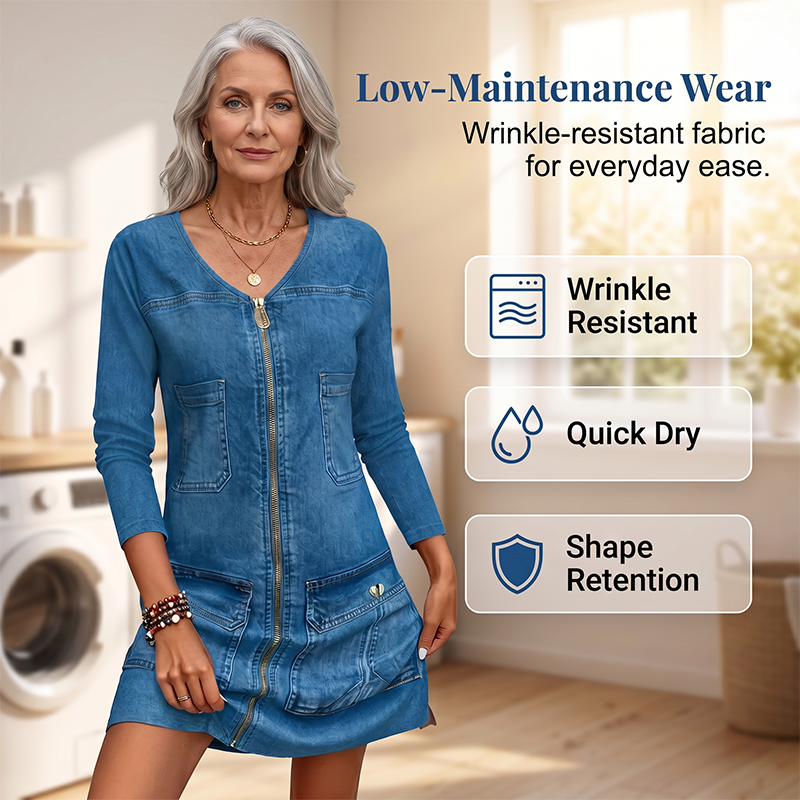 Women Long Sleeve Zipper Printed Short Dress