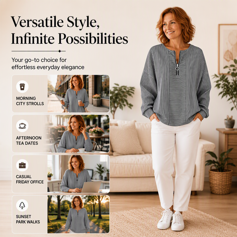 ✨ Women's Striped Zip-Up Top – Casual Long Sleeve Sweatshirt For Effortless Everyday Style 🤍