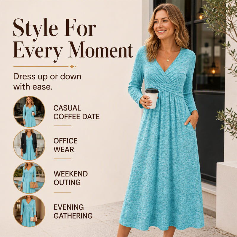Women's Wrap V Neck Dress with Pockets