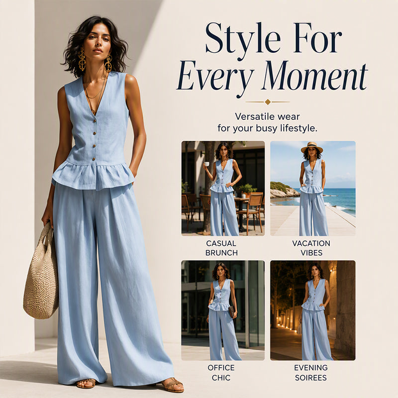 Women's Summer Peplum Top & Wide-Leg Pants Set