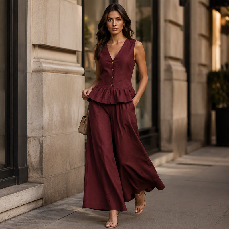 Women's Summer Peplum Top & Wide-Leg Pants Set