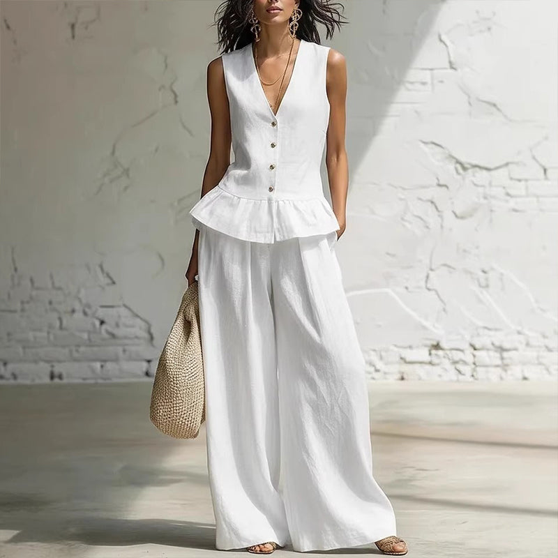 Women's Summer Peplum Top & Wide-Leg Pants Set