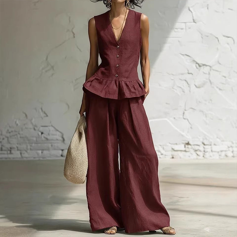 Women's Summer Peplum Top & Wide-Leg Pants Set