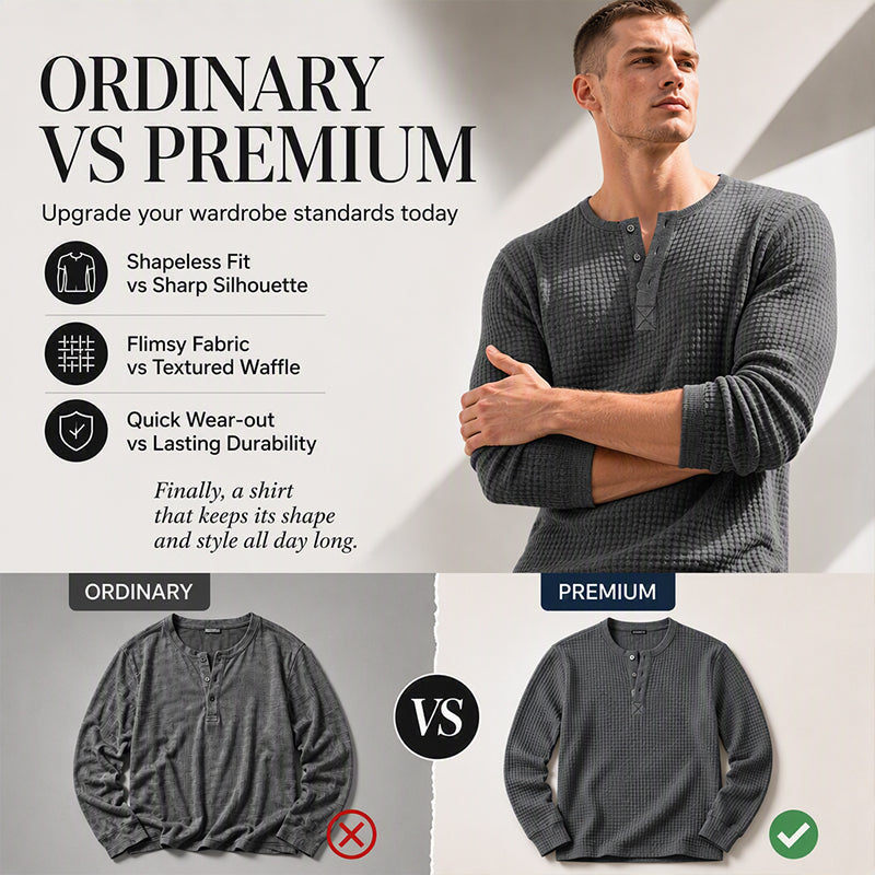 ⌛Limited-Time Offer-Men's Waffle Knit Long Sleeve Henley Shirt