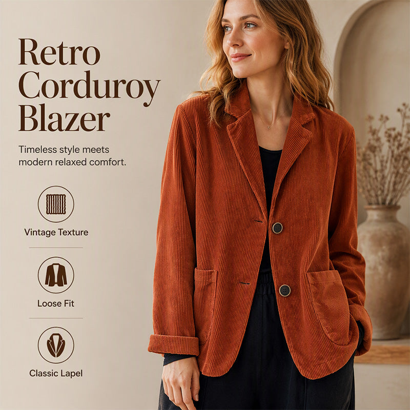 Women Vintage Corduroy Jacket Casual Loose Fit Suit Collar Outerwear with Pockets