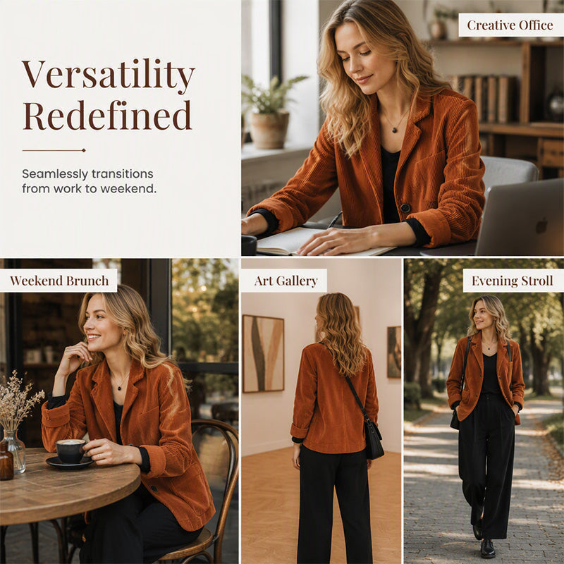 Women Vintage Corduroy Jacket Casual Loose Fit Suit Collar Outerwear with Pockets
