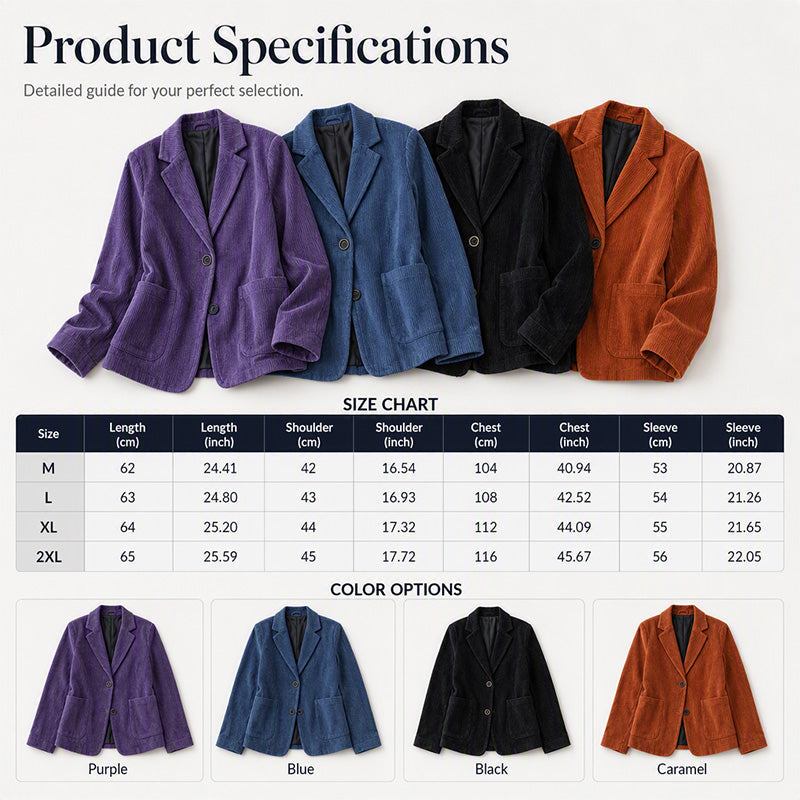 Women Vintage Corduroy Jacket Casual Loose Fit Suit Collar Outerwear with Pockets