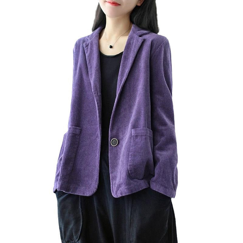 Women Vintage Corduroy Jacket Casual Loose Fit Suit Collar Outerwear with Pockets
