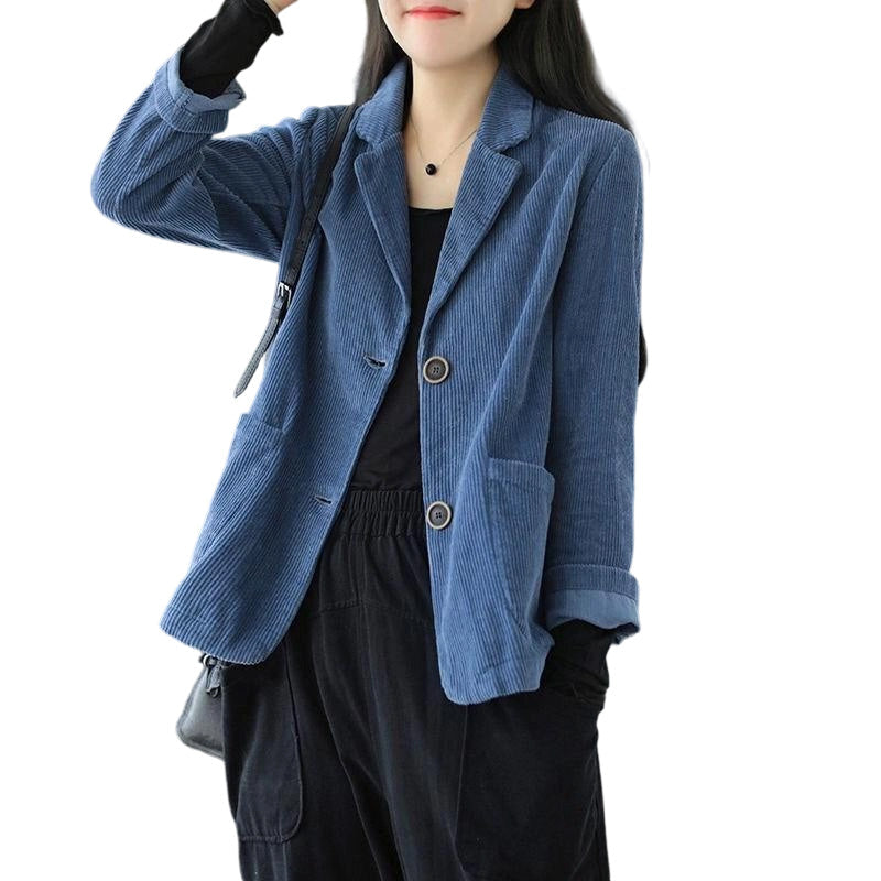 Women Vintage Corduroy Jacket Casual Loose Fit Suit Collar Outerwear with Pockets