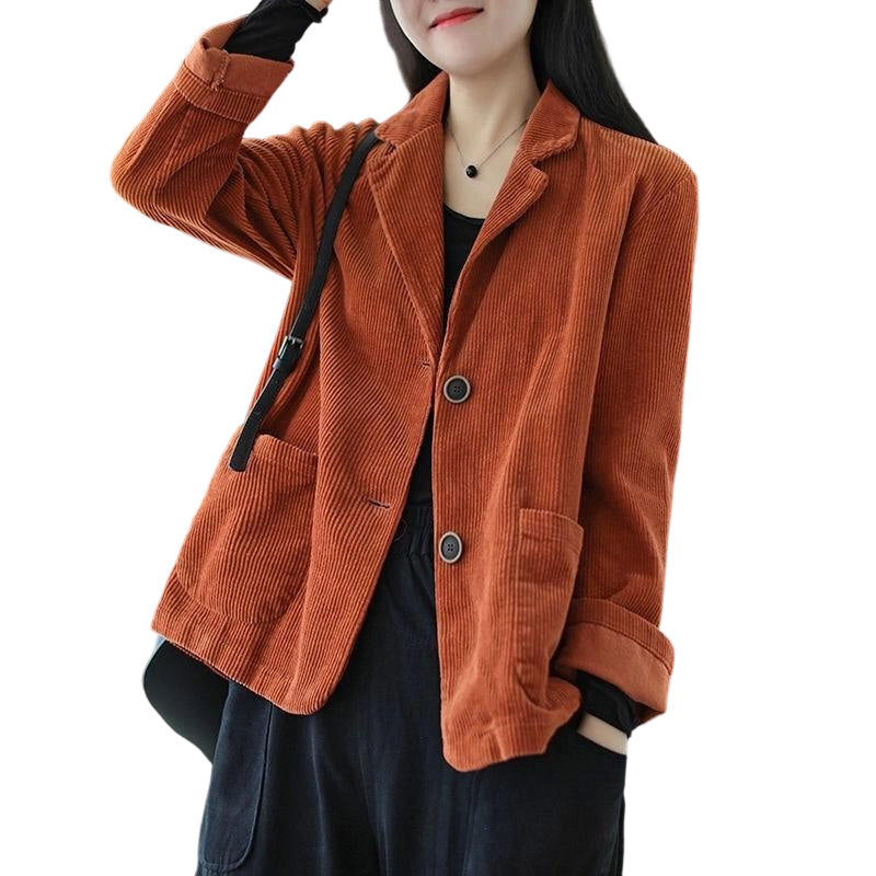 Women Vintage Corduroy Jacket Casual Loose Fit Suit Collar Outerwear with Pockets