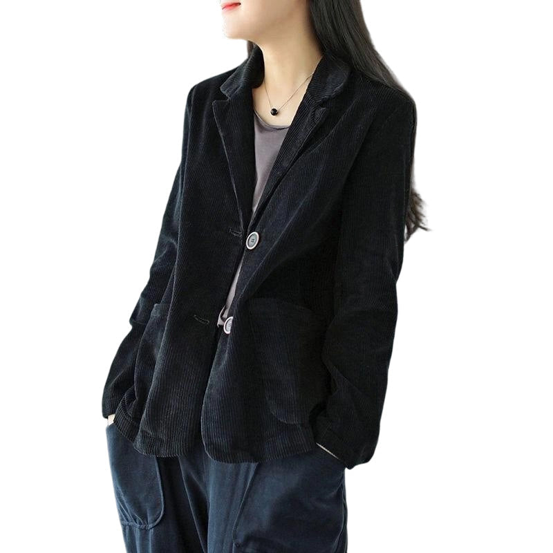 Women Vintage Corduroy Jacket Casual Loose Fit Suit Collar Outerwear with Pockets