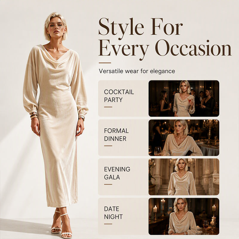⌛Limited-Time Offer-Women's Elegant Velvet Cowl Neck Dress – Luxe Soft Texture With Flattering Feminine Silhouette 🤍