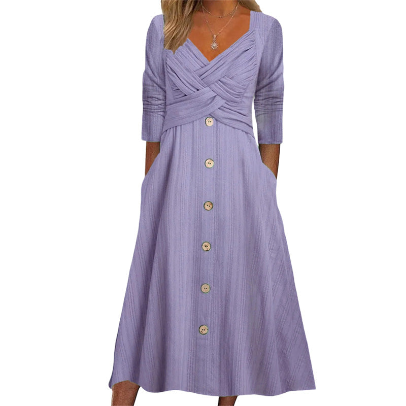 👖✨ Women's Casual Cross-Front V-Neck Cotton Dress