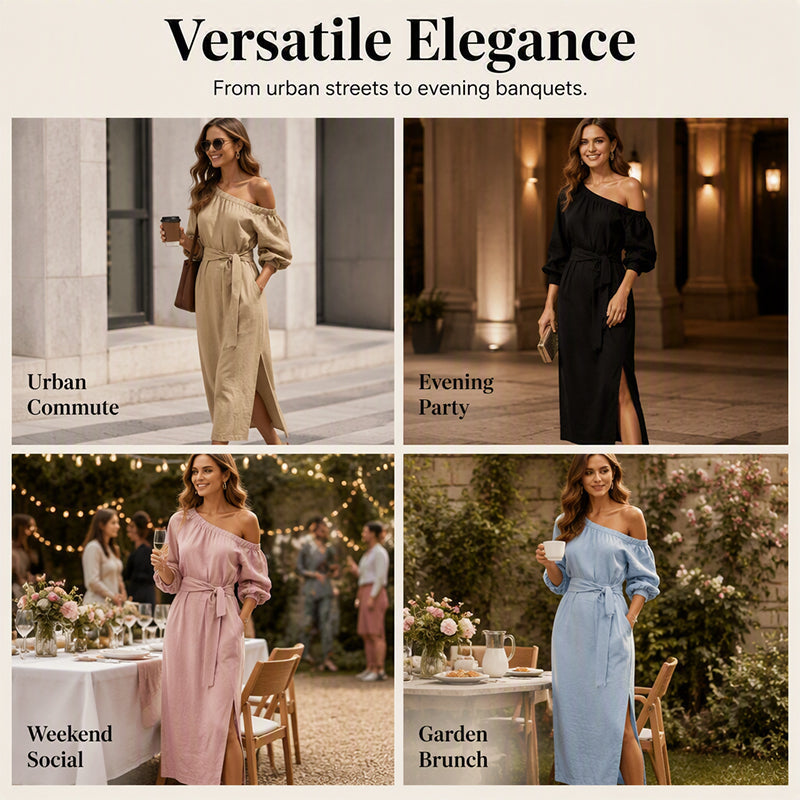Women's Elegant One-Shoulder Belted Dress