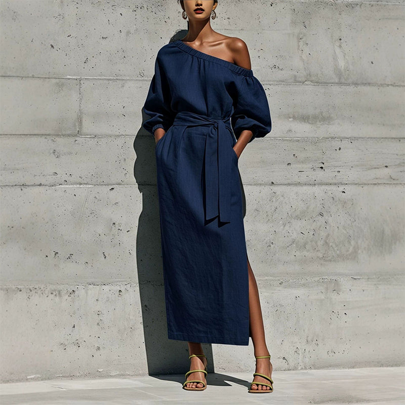 Women's Elegant One-Shoulder Belted Dress