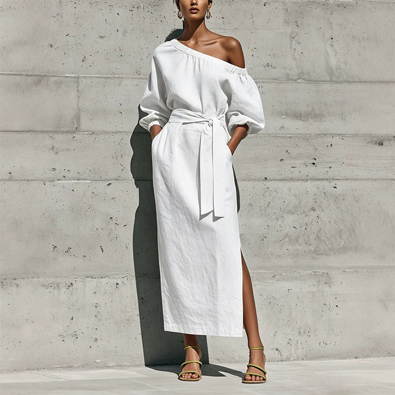 Women's Elegant One-Shoulder Belted Dress