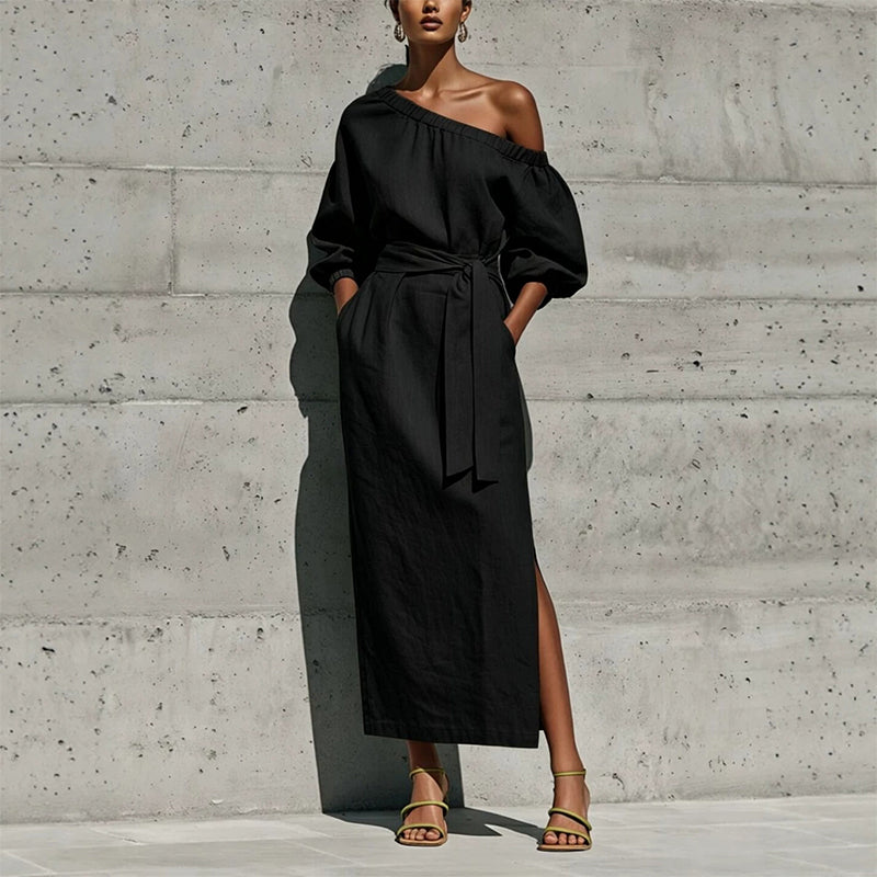 Women's Elegant One-Shoulder Belted Dress