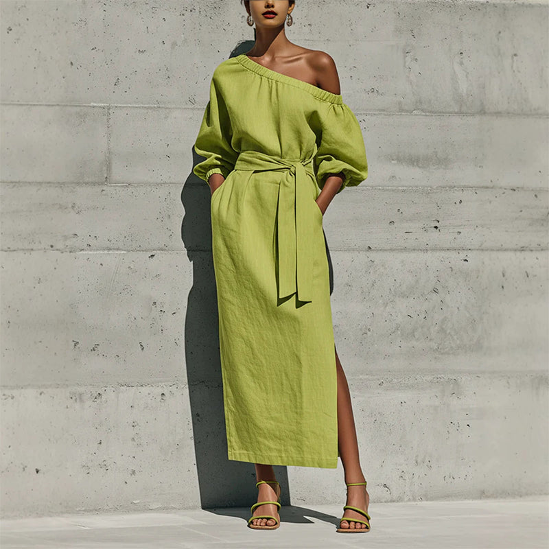 Women's Elegant One-Shoulder Belted Dress