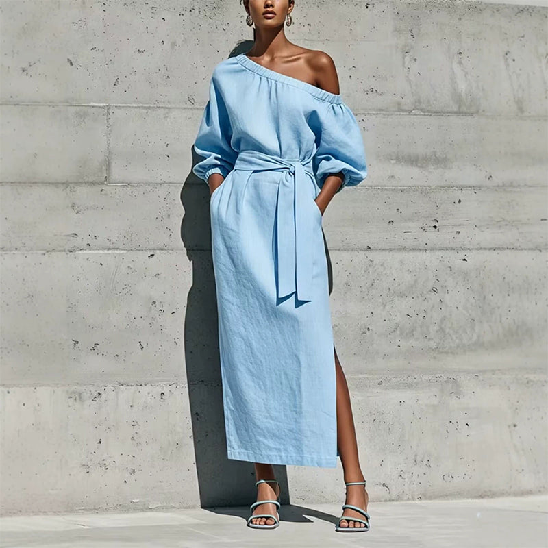Women's Elegant One-Shoulder Belted Dress