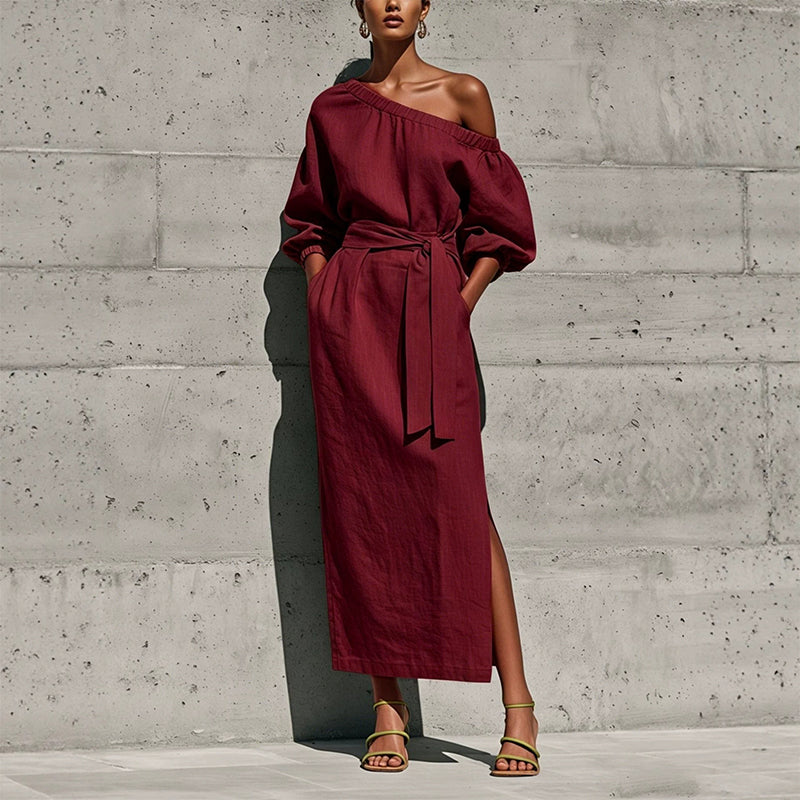 Women's Elegant One-Shoulder Belted Dress
