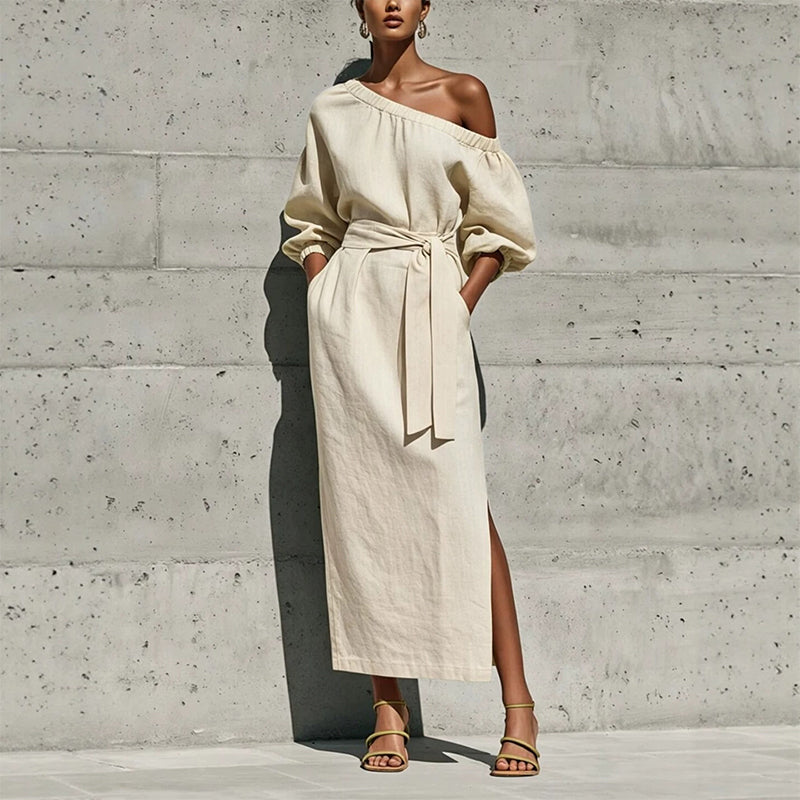 Women's Elegant One-Shoulder Belted Dress