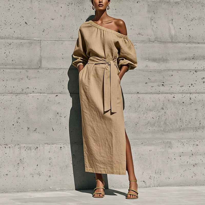 Women's Elegant One-Shoulder Belted Dress