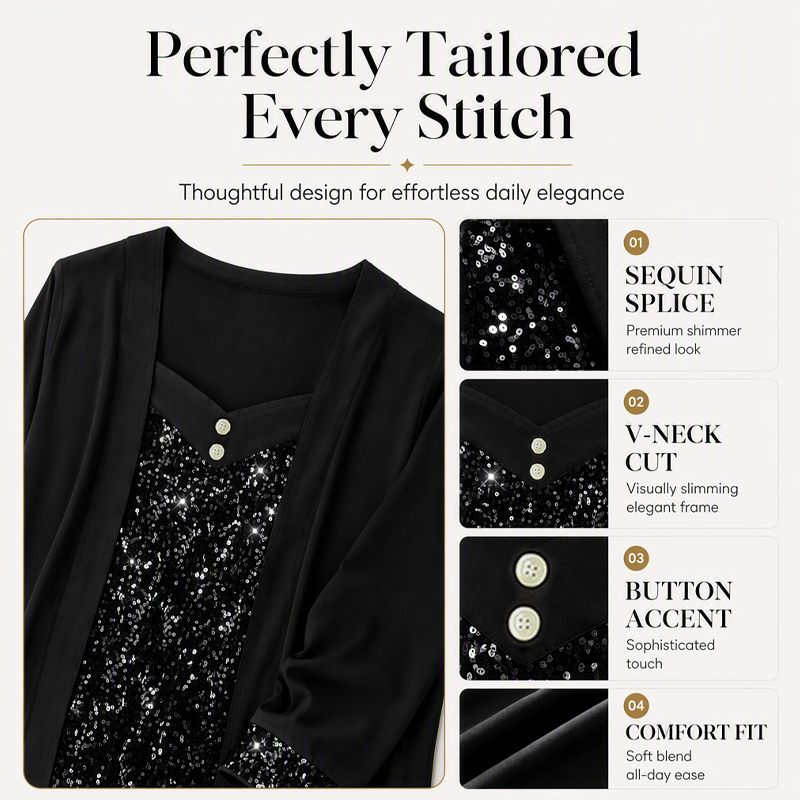 💞Women's Sequin Patchwork Mock Two-Piece Top – Sparkle With Effortless Style👚