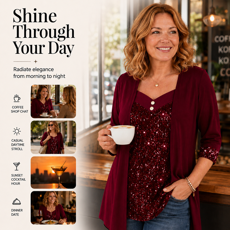 💞Women's Sequin Patchwork Mock Two-Piece Top – Sparkle With Effortless Style👚