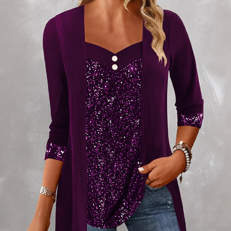 💞Women's Sequin Patchwork Mock Two-Piece Top – Sparkle With Effortless Style👚