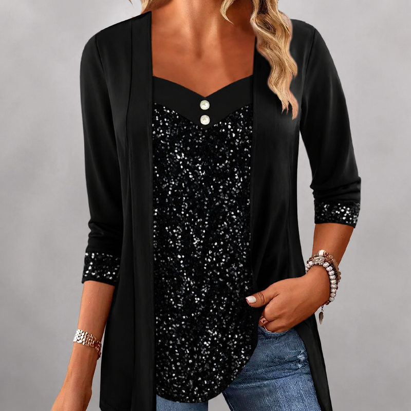 💞Women's Sequin Patchwork Mock Two-Piece Top – Sparkle With Effortless Style👚