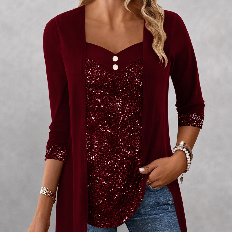 💞Women's Sequin Patchwork Mock Two-Piece Top – Sparkle With Effortless Style👚