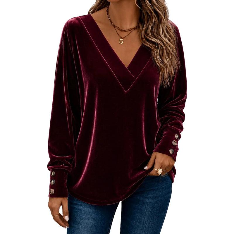Women's V-Neck Long Sleeve Velvet Top