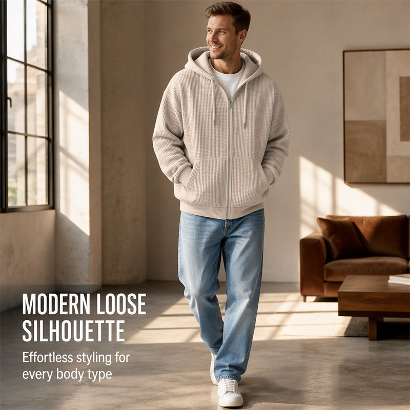 Men's Full -Zip Waffle Knit Hooded Sweatshirt