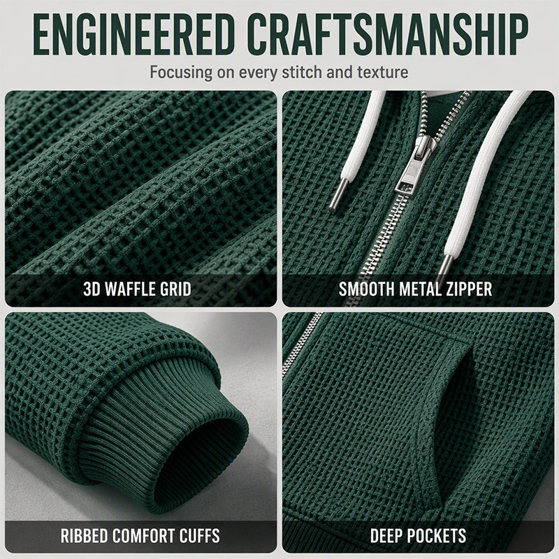 Men's Full -Zip Waffle Knit Hooded Sweatshirt