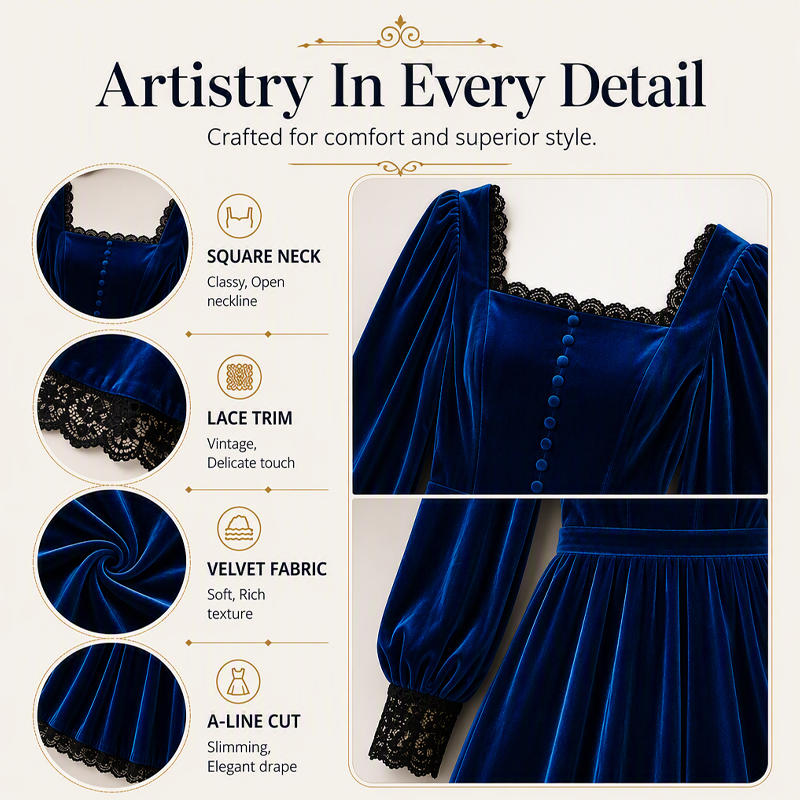 👗 Women's Vintage Square Neck Velvet Dress – Timeless Elegance Meets Luxe Comfort