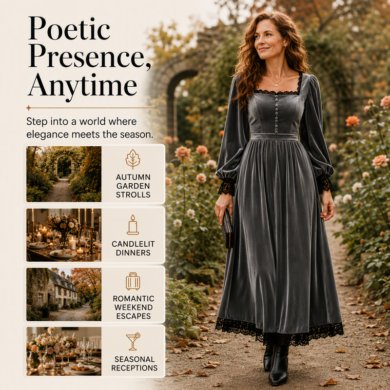 👗 Women's Vintage Square Neck Velvet Dress – Timeless Elegance Meets Luxe Comfort
