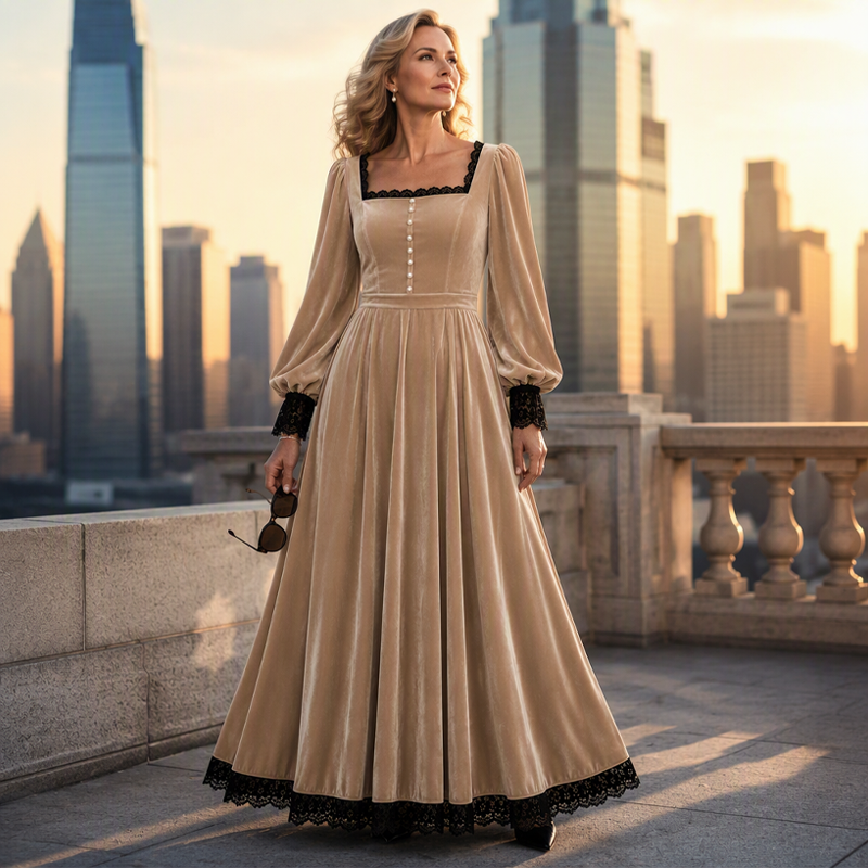 👗 Women's Vintage Square Neck Velvet Dress – Timeless Elegance Meets Luxe Comfort