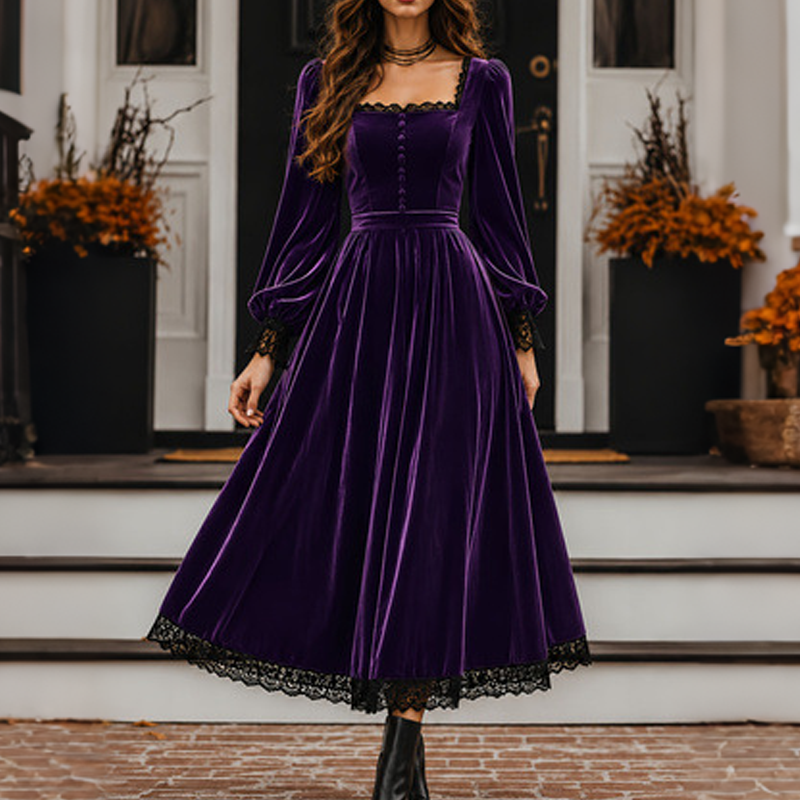 👗 Women's Vintage Square Neck Velvet Dress – Timeless Elegance Meets Luxe Comfort