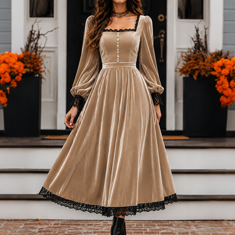 👗 Women's Vintage Square Neck Velvet Dress – Timeless Elegance Meets Luxe Comfort